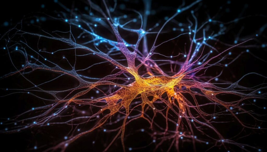 Gekleurde neurale netwerkstructuur als metafoor voor de connectie tussen het bewuste en onbewuste brein tijdens MindTracking coaching.